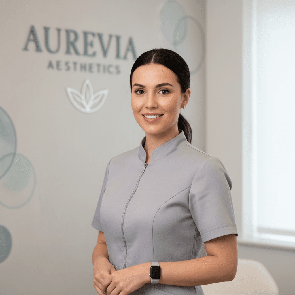 Sophie Mitchell, aesthetic practitioner at Aurevia Aesthetics, smiling professionally in a clinic setting