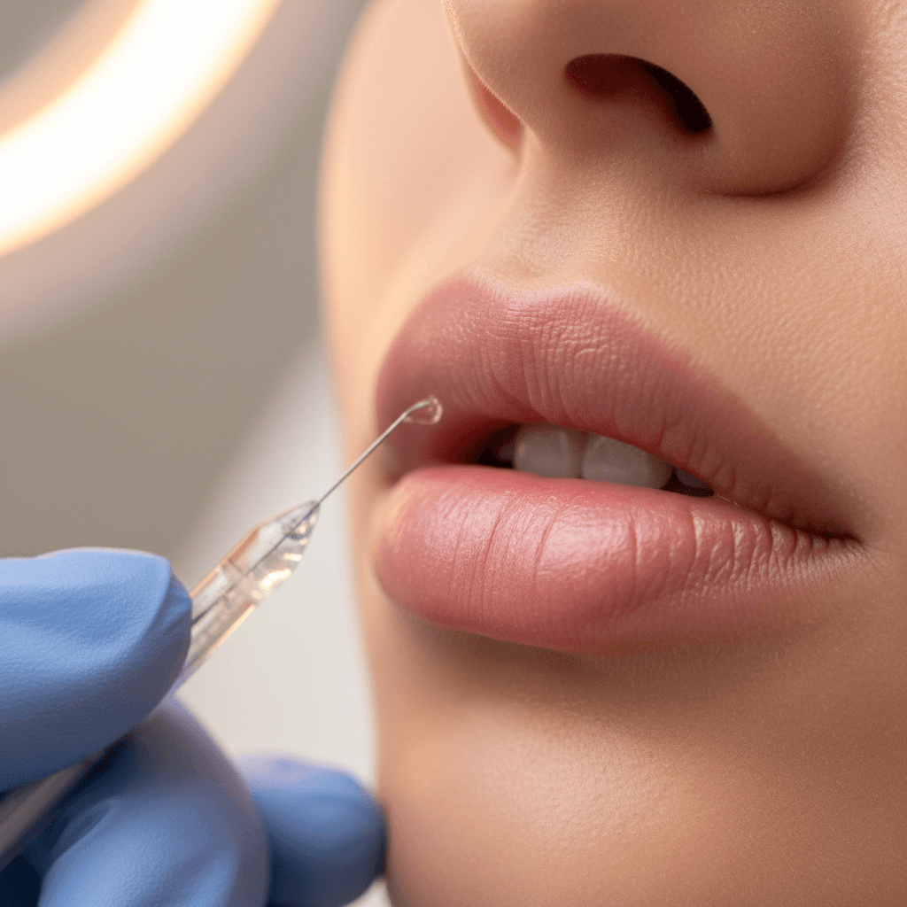 Close-up detail of cosmetic professional performing precise lip augmentation injection with specialized equipment